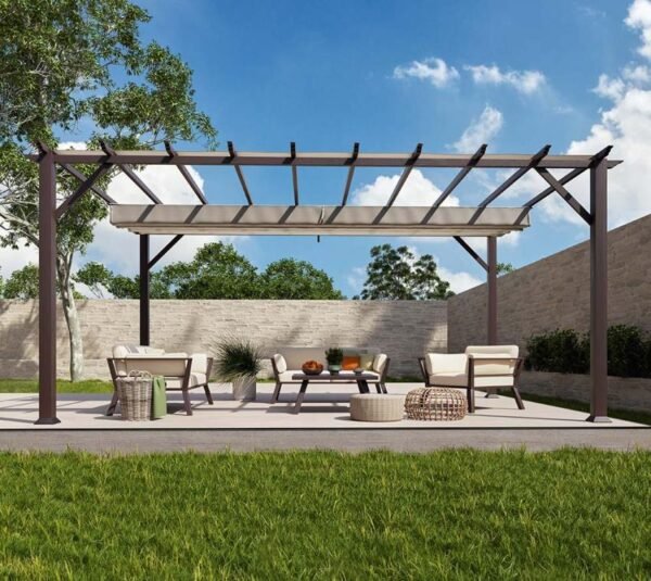 B-WARE Aluminium Pergola Florenz 1116 | Holzoptik dunkelbraun/braun | 350x505x236 cm